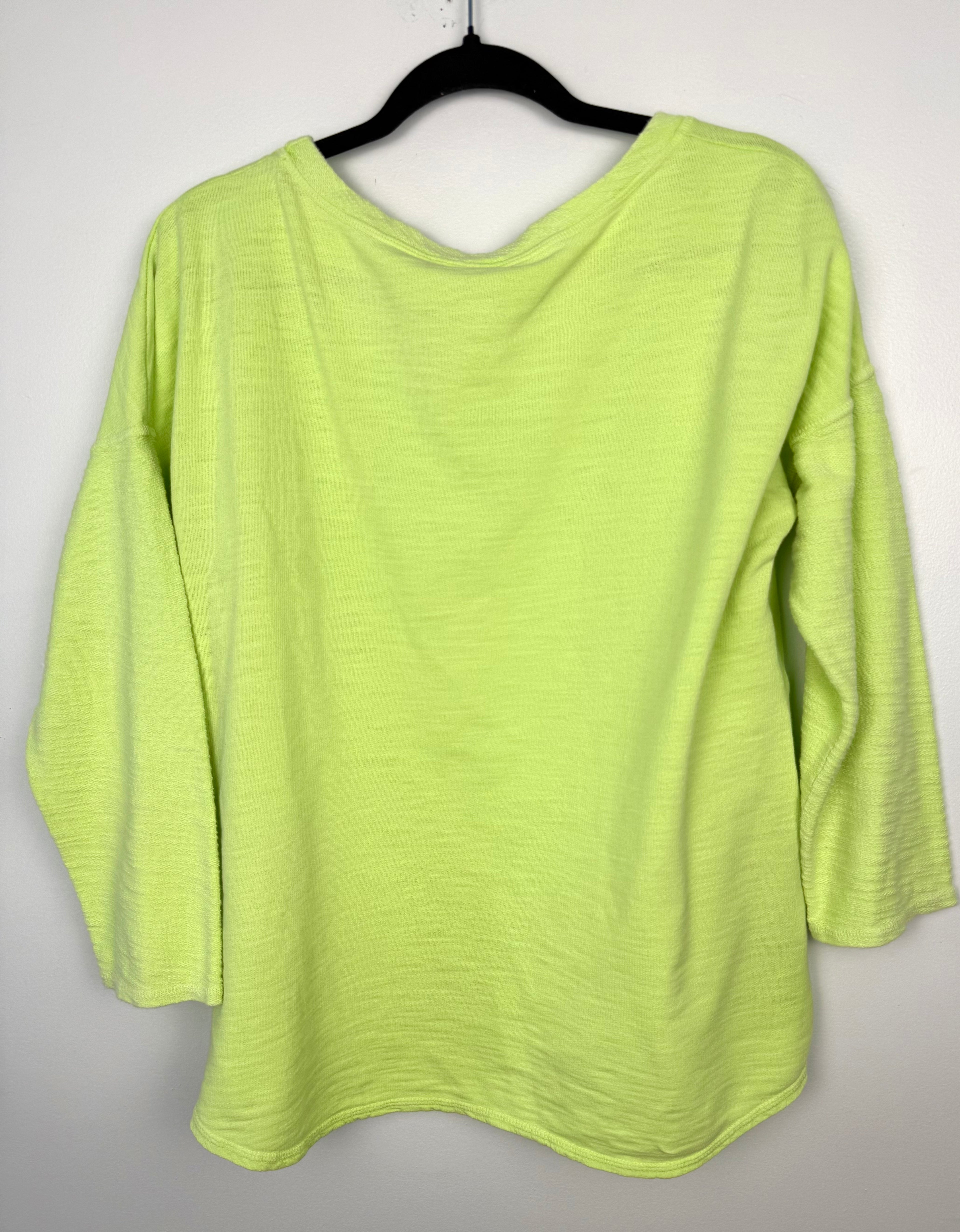back of 100% cotton Made in USA lime/chartreuse green oversized boxy scoop neck top at Blue Sparrow Shop  on hanger