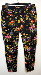 back of 67% cotton Tricotto black tropical botanical floral skinny pants  size 10 Canadian brand — Blue Sparrow Shop 