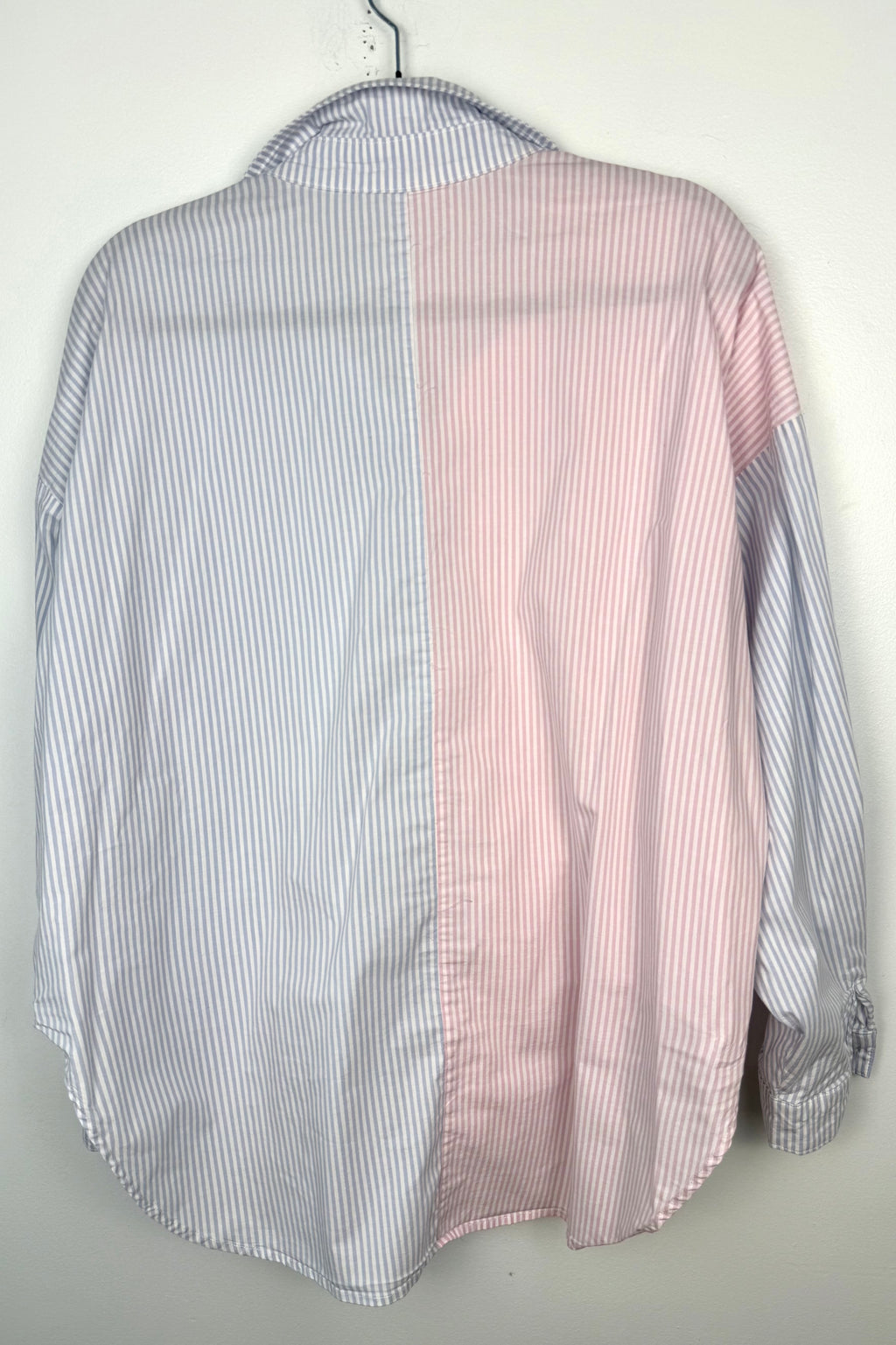 back of 97% Cotton Y2K 80s Striped Oversized Shirt | Size L at Blue Sparrow Shop on hanger