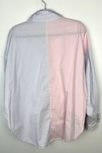 back of 97% Cotton Y2K 80s Striped Oversized Shirt | Size L at Blue Sparrow Shop on hanger