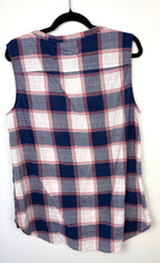 back of 99% Cotton Eddie Bauer Plaid Sleeveless Shirt | Size L  at Blue Sparrow Shop