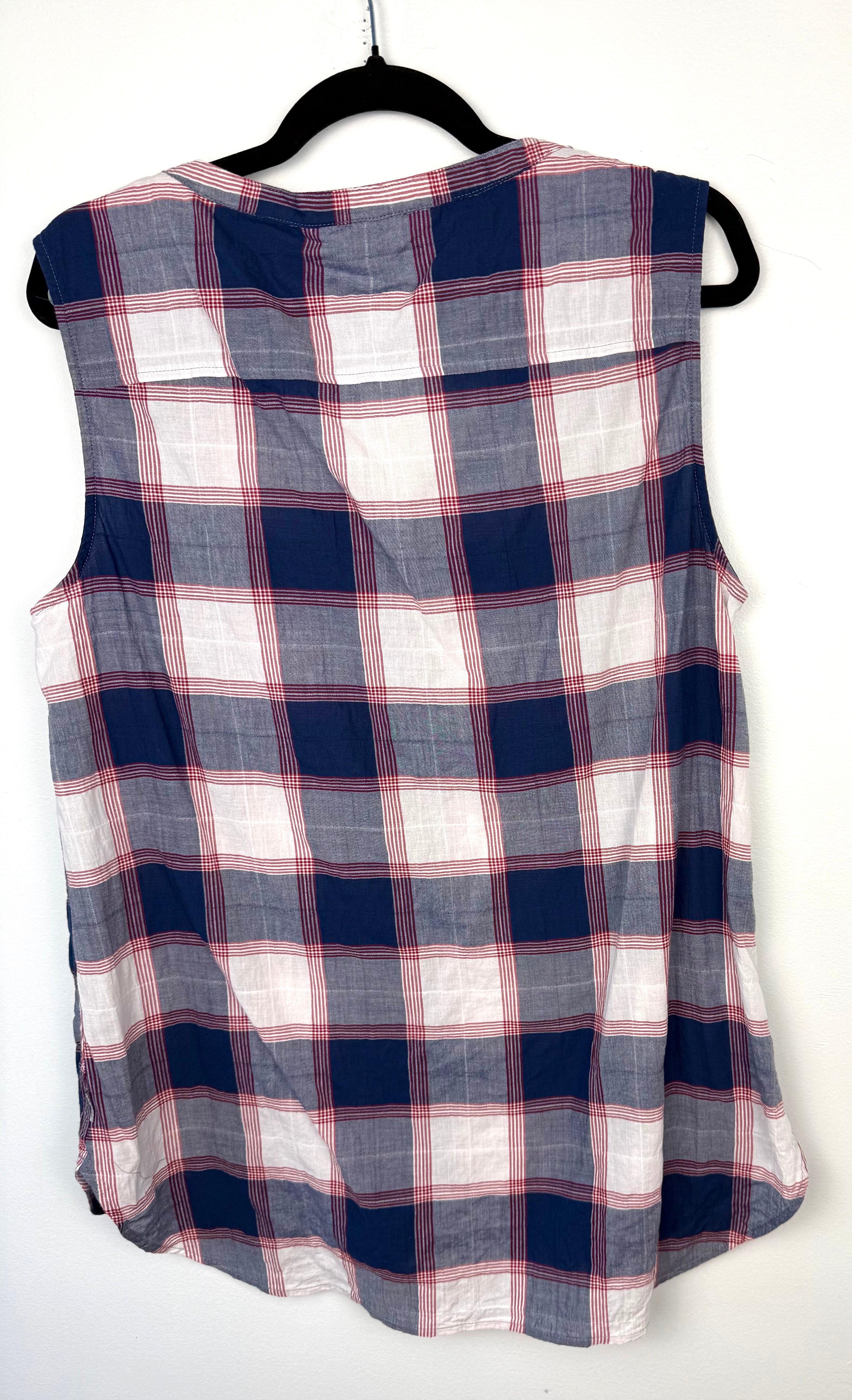 back of 99% Cotton Eddie Bauer Plaid Sleeveless Shirt | Size L  at Blue Sparrow Shop
