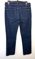 back of 99% Cotton NYDJ Dark Wash Petite Straight Leg Jeans | Size 10P at Blue Sparrow Shop on hanger