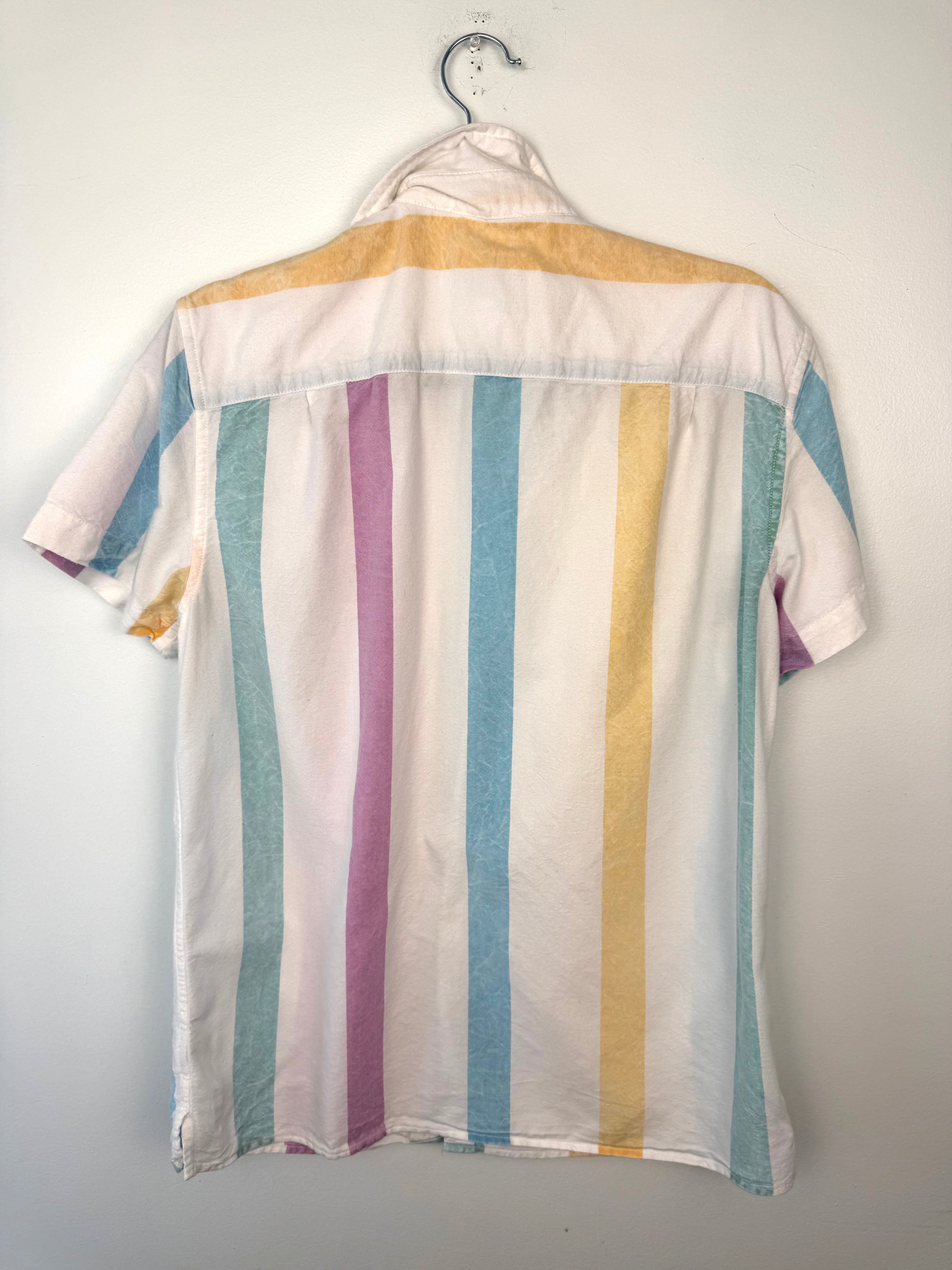 back of AMERICAN EAGLE 100% COTTON PASTEL STRIPE SHIRT at Blue Sparrow Canadian Resale Reimagined on hanger