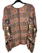 back of Angie boho medallion print kimono in earth tones on hanger