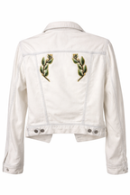 back of Aritzia Talula Distressed Denim Jacket at Blue Sparrow Shop