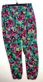 back of Artisan Handmade Tropical Floral Print Loose-Leg Pants — Hibiscus & Palm | Size M / 8-10 at Blue Sparrow Shop 