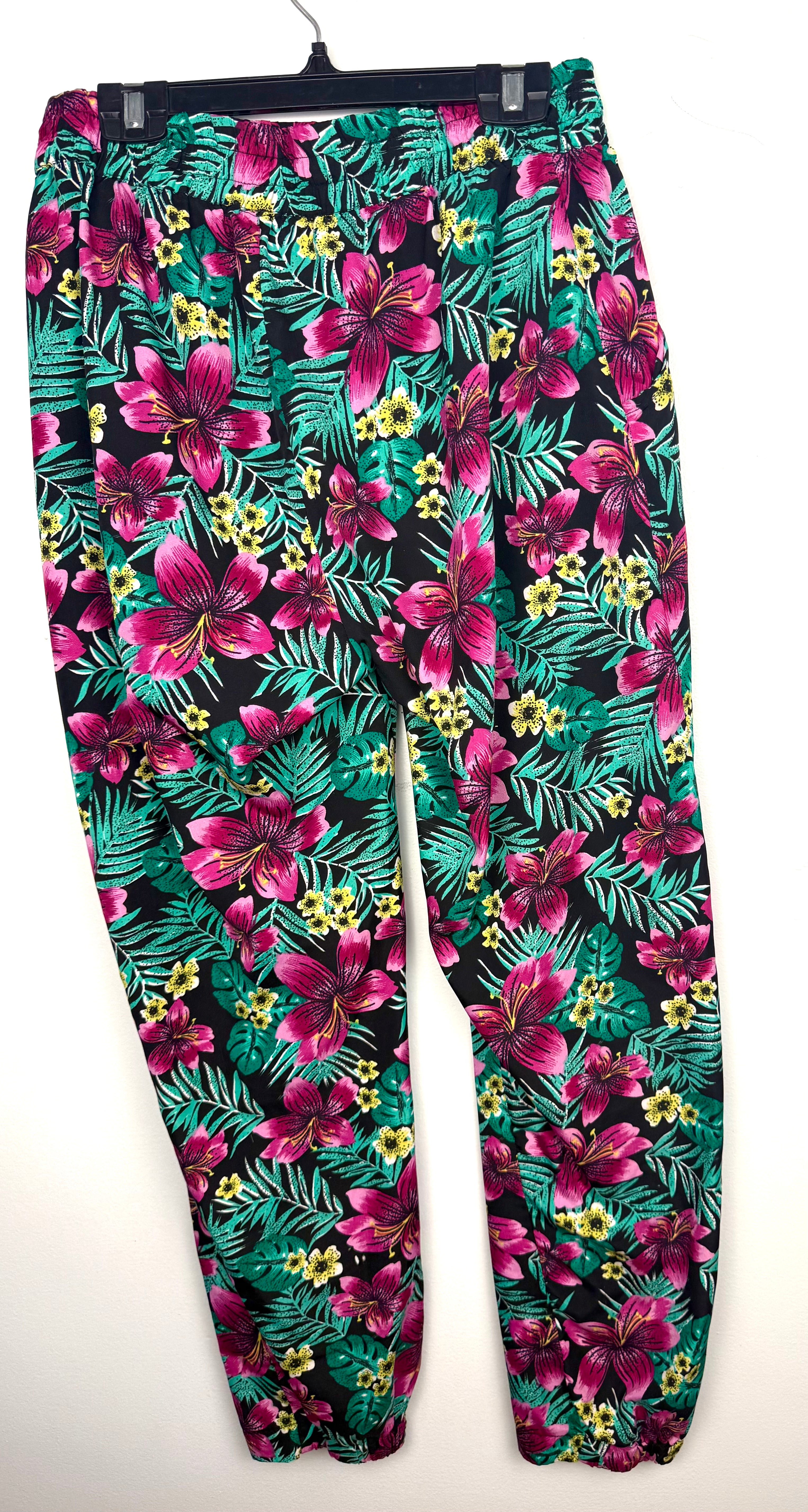 back of Artisan Handmade Tropical Floral Print Loose-Leg Pants — Hibiscus & Palm | Size M / 8-10 at Blue Sparrow Shop 
