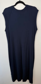 back of Banana Republic Navy Sleeveless Midi Dress | T-Shirt Dress | Size L at Blue Sparrow Shop on hanger