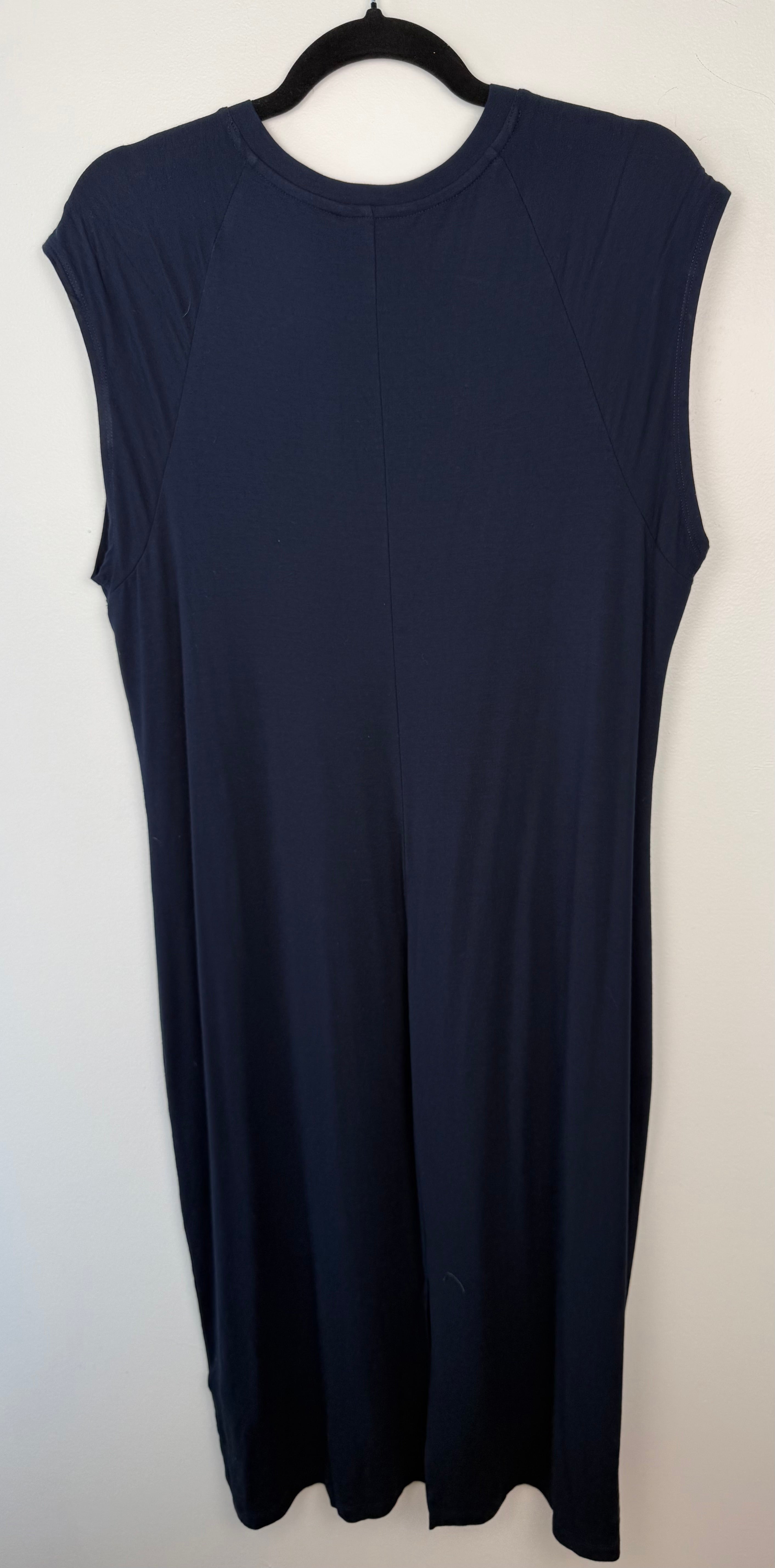 back of Banana Republic Navy Sleeveless Midi Dress | T-Shirt Dress | Size L at Blue Sparrow Shop on hanger