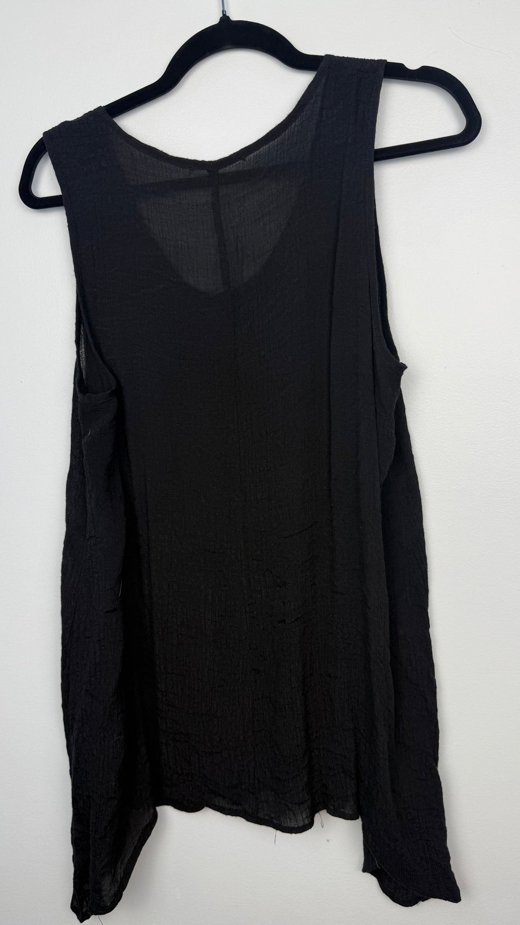 back of Black Gauze Sleeveless Tunic Swim Cover or Resort Wear top  on hanger
