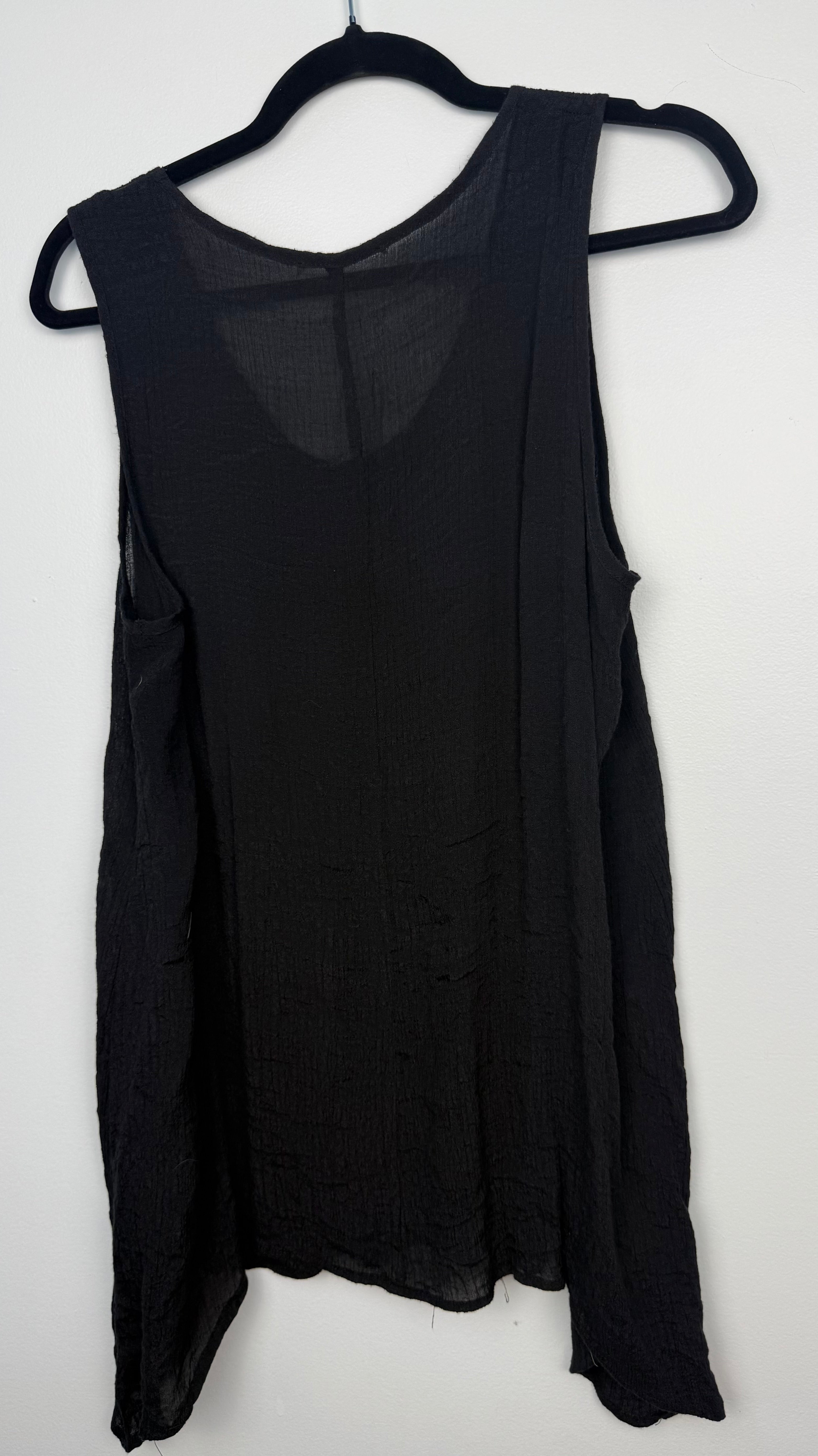 back of Black Gauze Sleeveless Tunic Swim Cover or Resort Wear top  on hanger