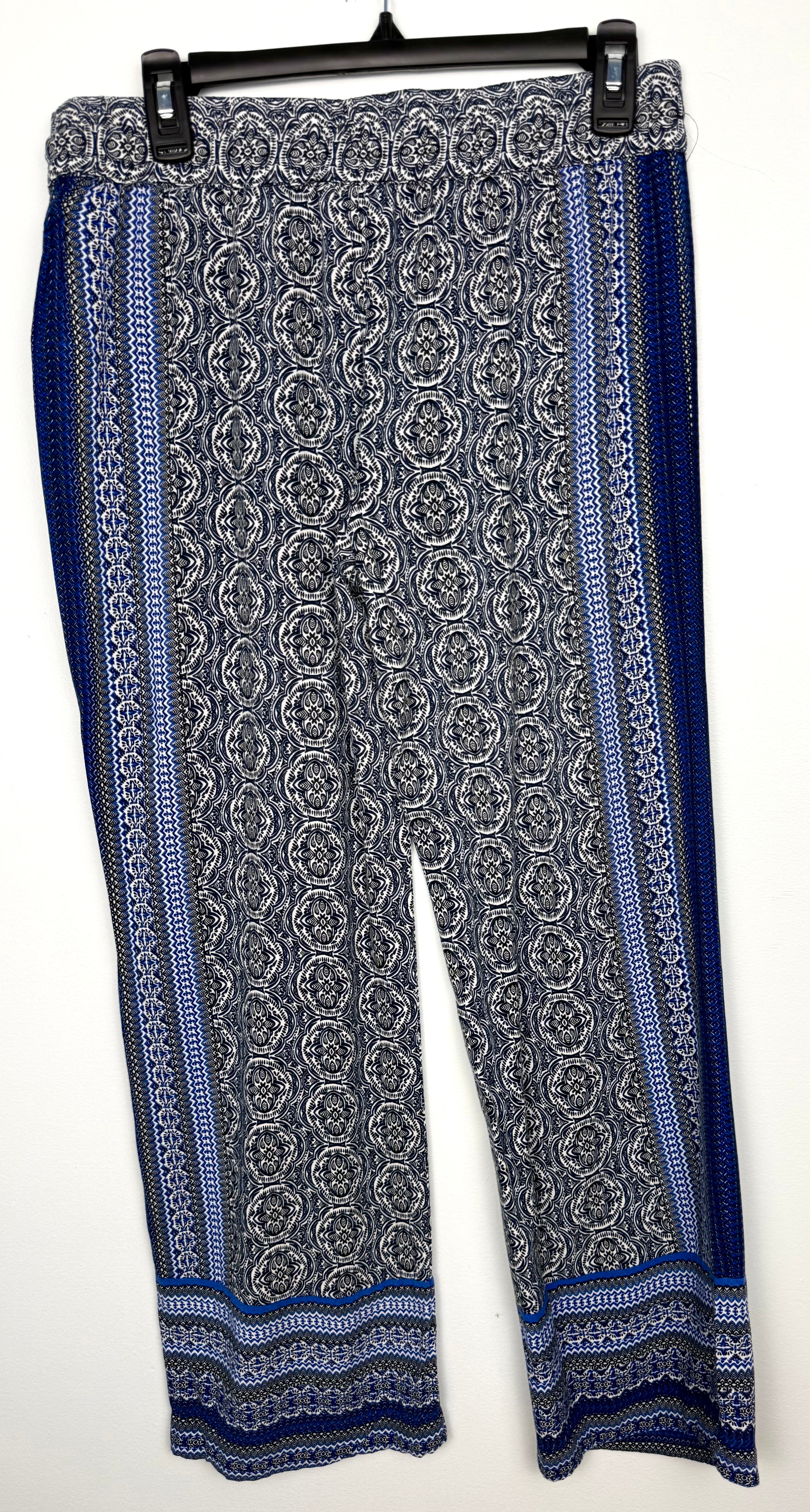 back of Boho Medallion Print Wide-Leg Palazzo Pants | Size M at Blue Sparrow Shop on hanger