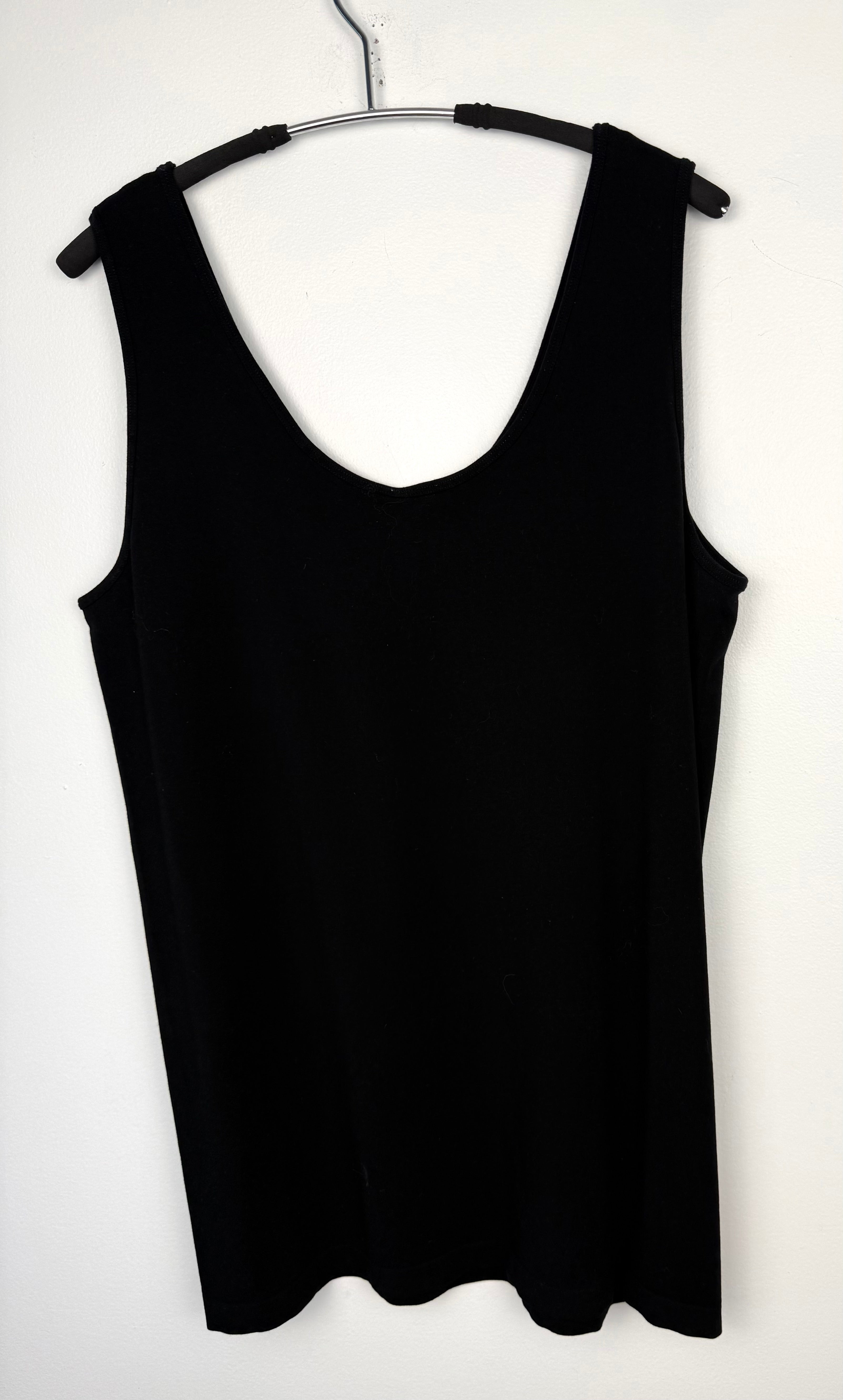 back of C'est Moi Bamboo Smoothing Tank Top | One Size Plus | Black Bamboo Plus Sized Tank Top at Blue Sparrow Shop on hanger