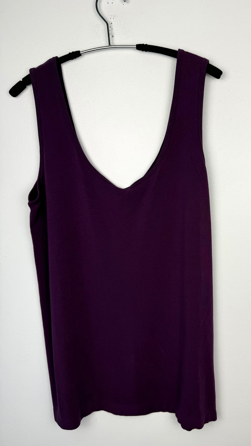 back of C'est Moi Bamboo Smoothing Tank Top | One Size Plus | Purple Bamboo Plus Sized Tank Top at Blue Sparrow Shop on hanger