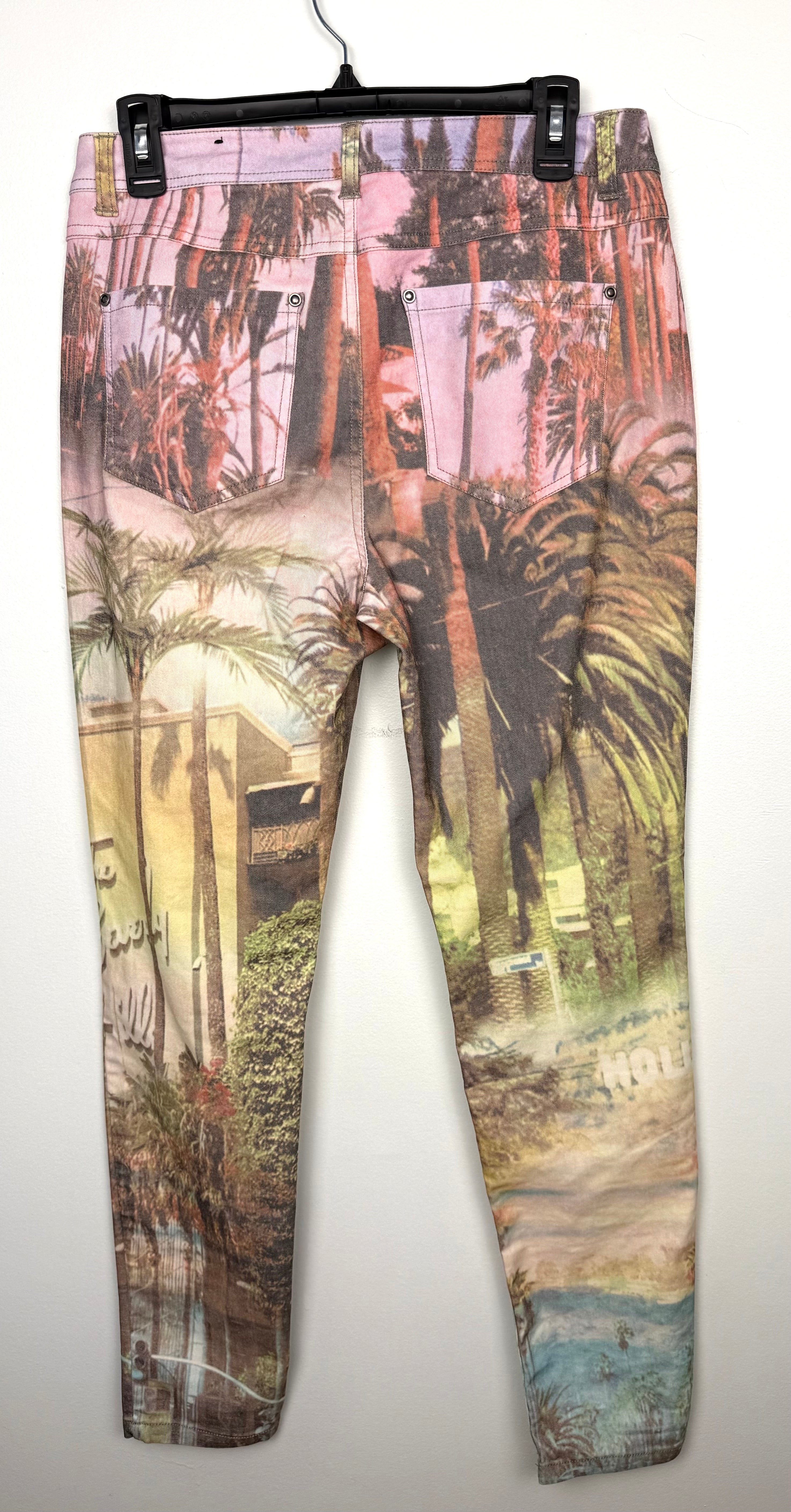 back of California graphic denim Tribal brand skinny jeans  on hanger