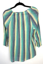 back of Chaps Denim 100% Cotton Stripe Peasant Blouse — Teal, Sage and Yellow | 3/4 Sleeve | Size M at Blue Sparrow Shop