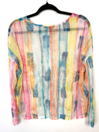 back of Charlie B Sheer Watercolour Stripe Long Sleeve Top — Rainbow Pastel | Mesh Overlay | Size XS Petite at Blue Sparrow Shop on hanger