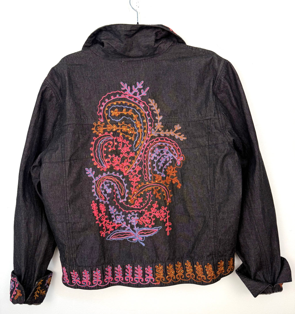back of  Coldwater Creek Embroidered Denim Jacket | Size XL at Blue Sparrow Shop