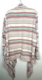back of Cotton Blend Striped Fringe Waterfall Cardigan — Dusty Rose, Sage & Cream | Natural Reflections | Size 1X at Blue Sparrow Shop