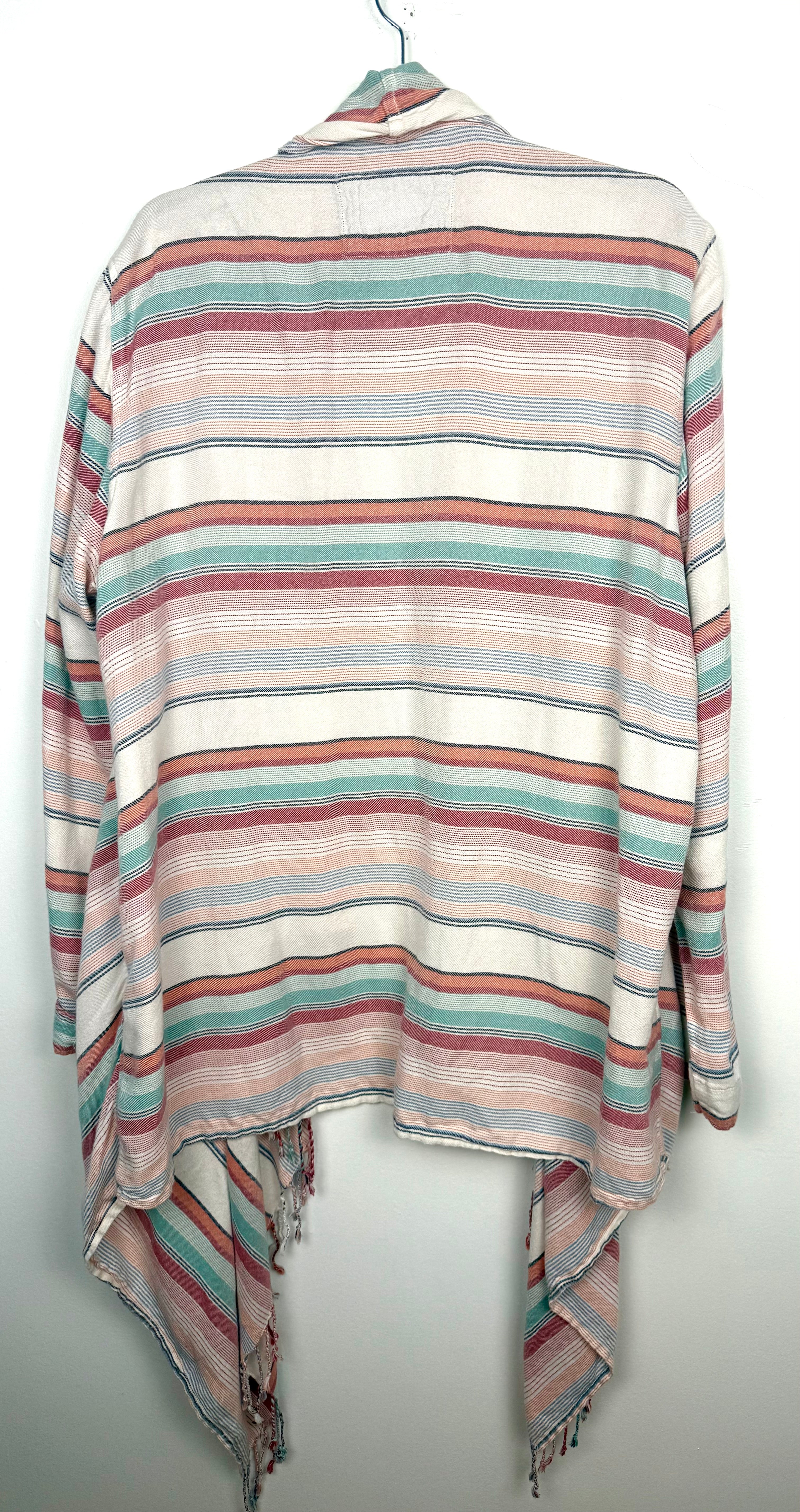 back of Cotton Blend Striped Fringe Waterfall Cardigan — Dusty Rose, Sage & Cream | Natural Reflections | Size 1X at Blue Sparrow Shop