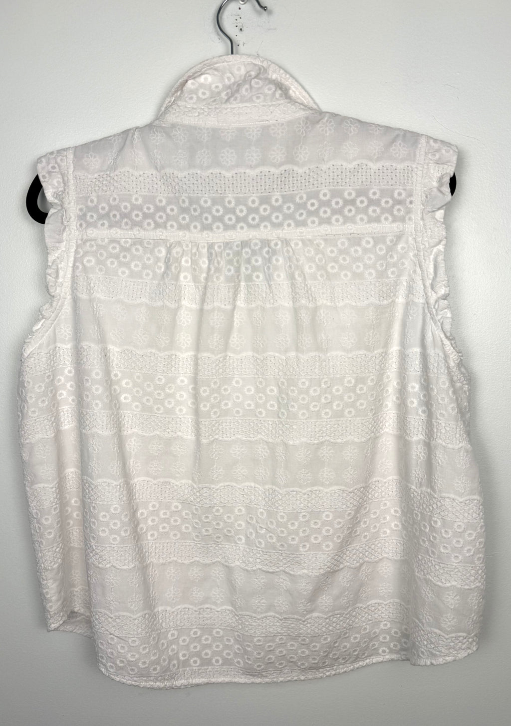 back of Cotton White Eyelet Top | Size M at Blue Sparrow Shop on hanger