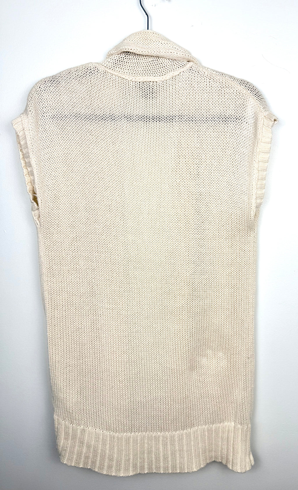 back of Eddie Bauer Linen Cotton Knit Cardigan Vest on hanger