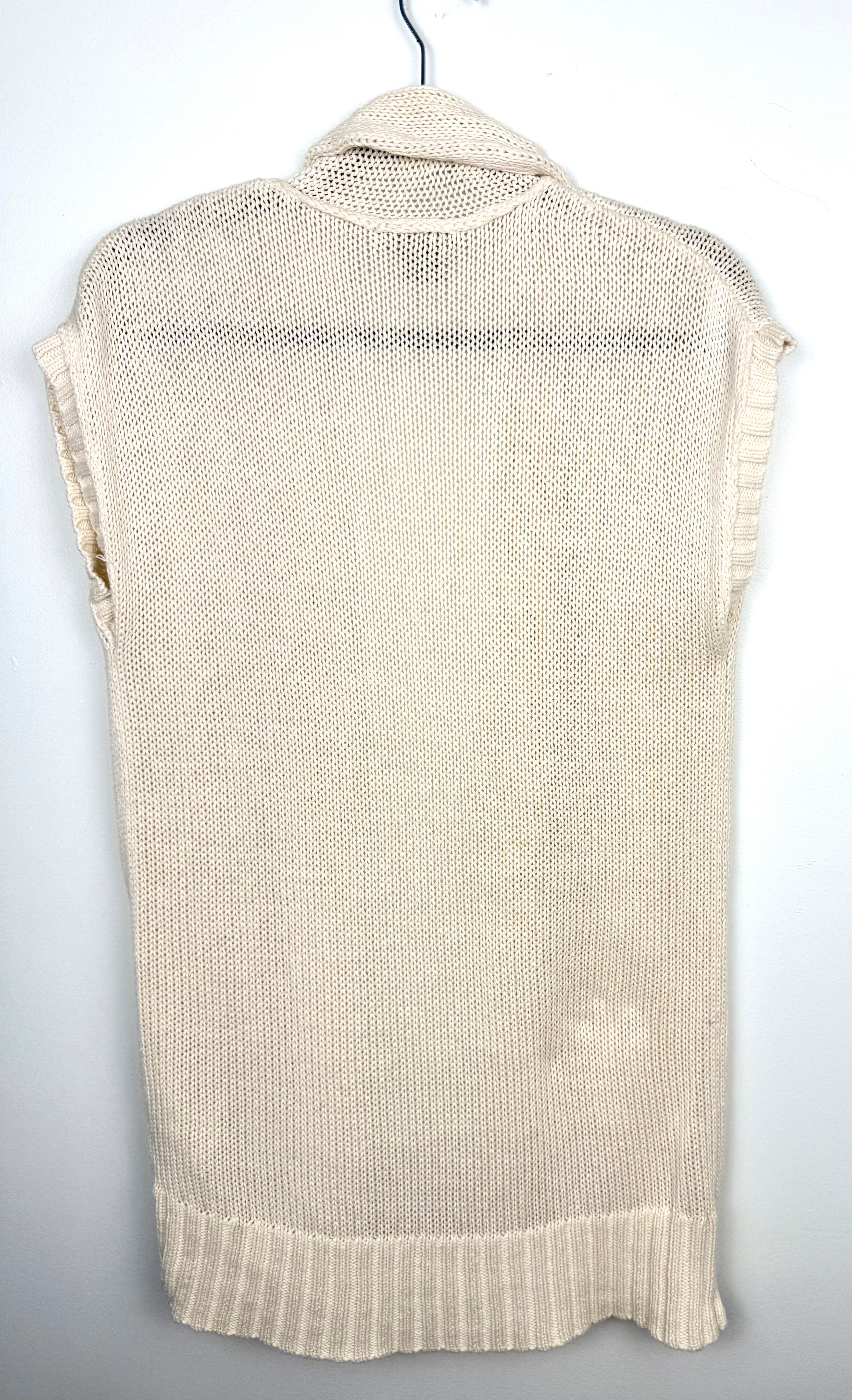 back of Eddie Bauer Linen Cotton Knit Cardigan Vest on hanger