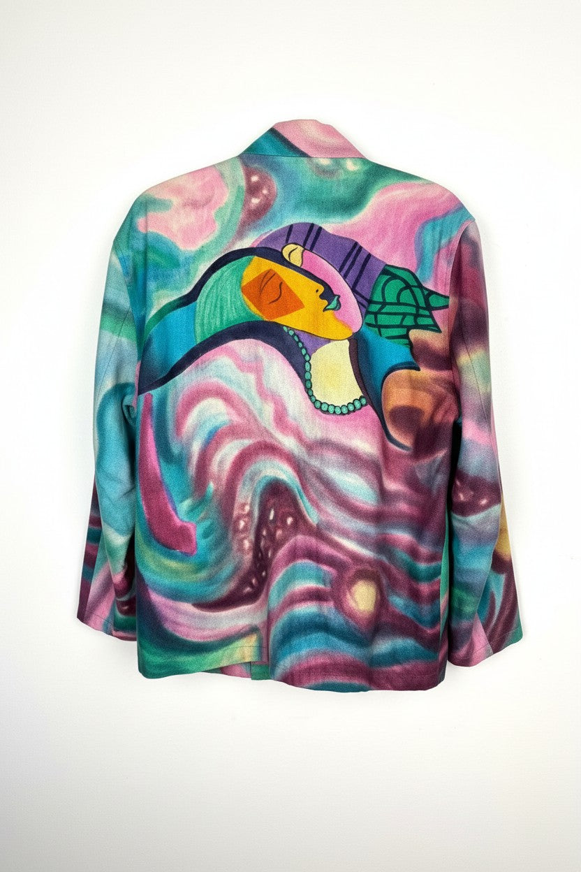 back of Emma Chun Shroff Hand Painted Silk Jacket | Wearable Art Blazer at Blue Sparrow Shop