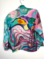 back of Emma Chun Shroff Hand Painted Silk Jacket | Wearable Art Blazer at Blue Sparrow Shop on hanger