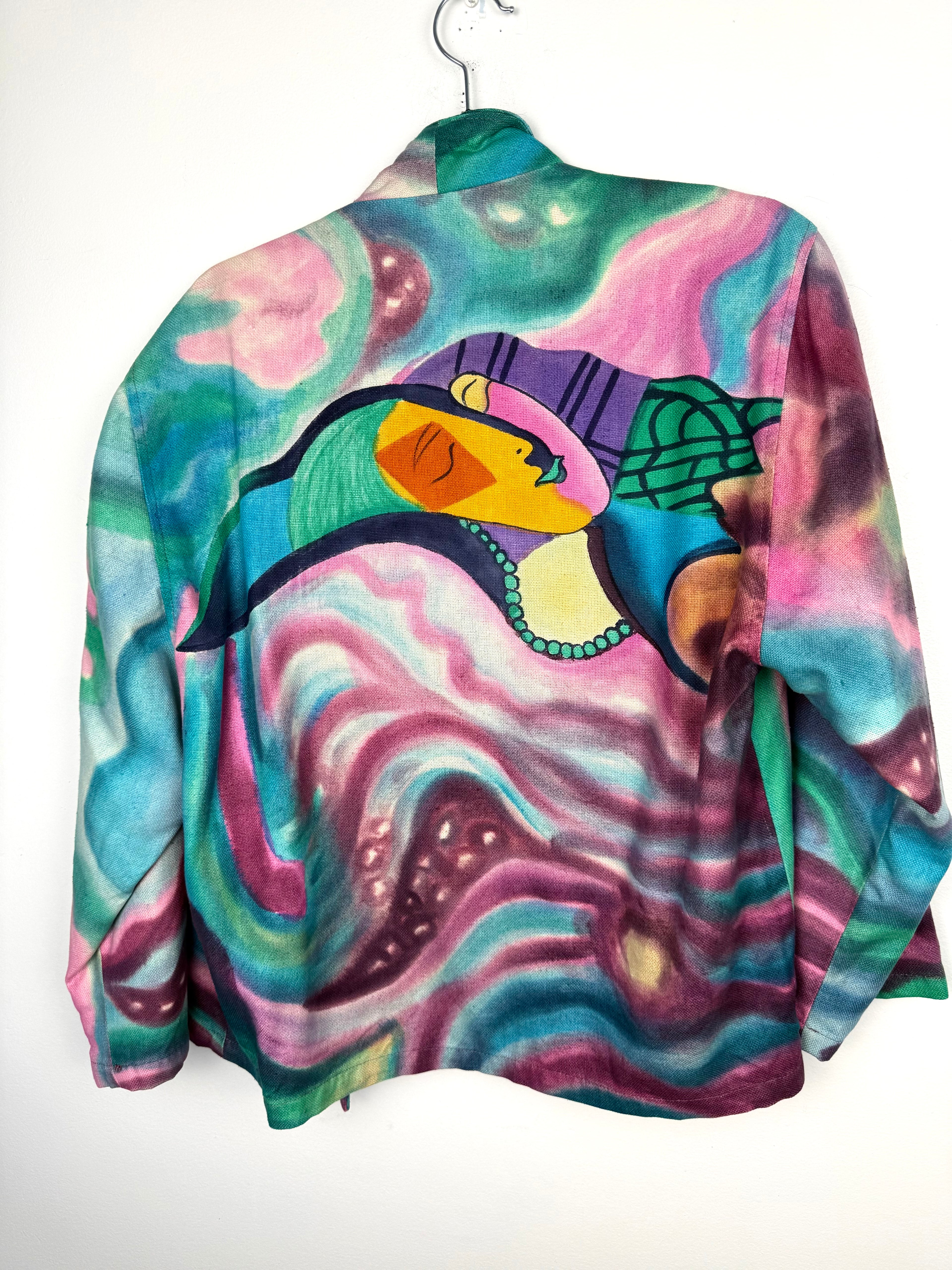 back of Emma Chun Shroff Hand Painted Silk Jacket | Wearable Art Blazer at Blue Sparrow Shop on hanger
