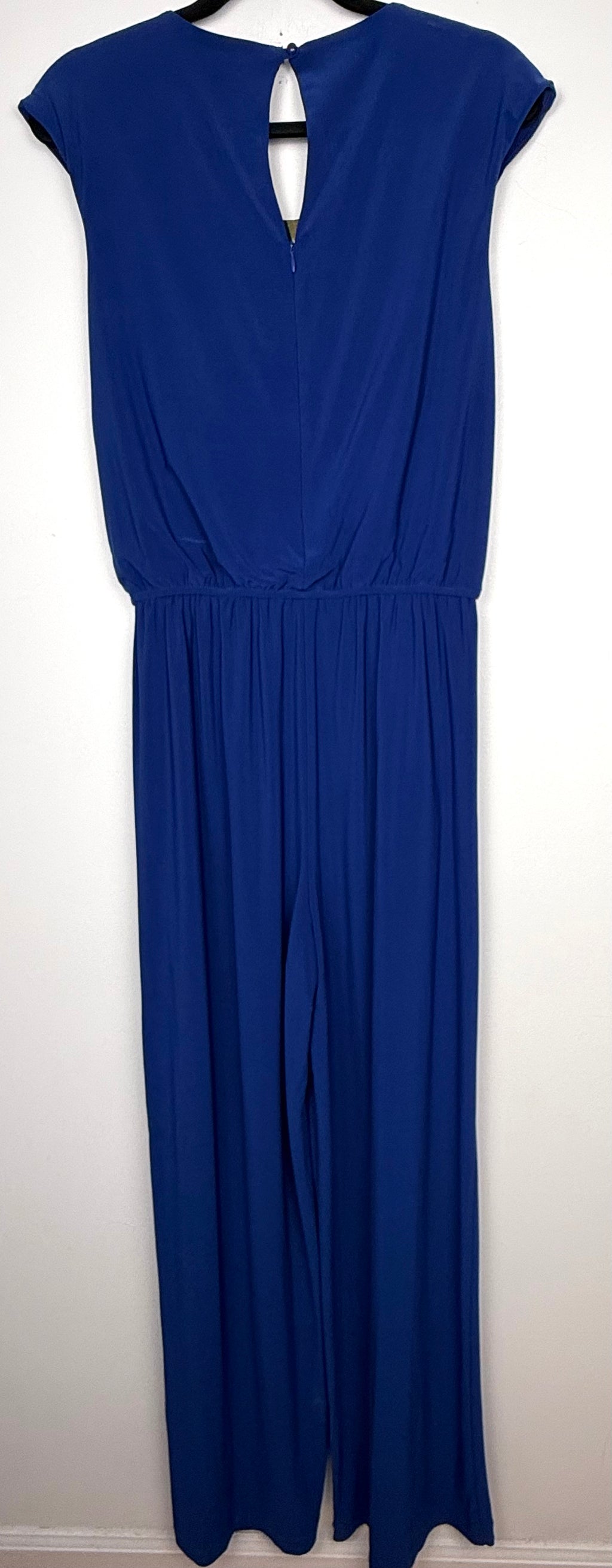 back of Emma & Michele cobalt blue sleeveless draped pleated bodice jumpsuit at Blue Sparrow Shop