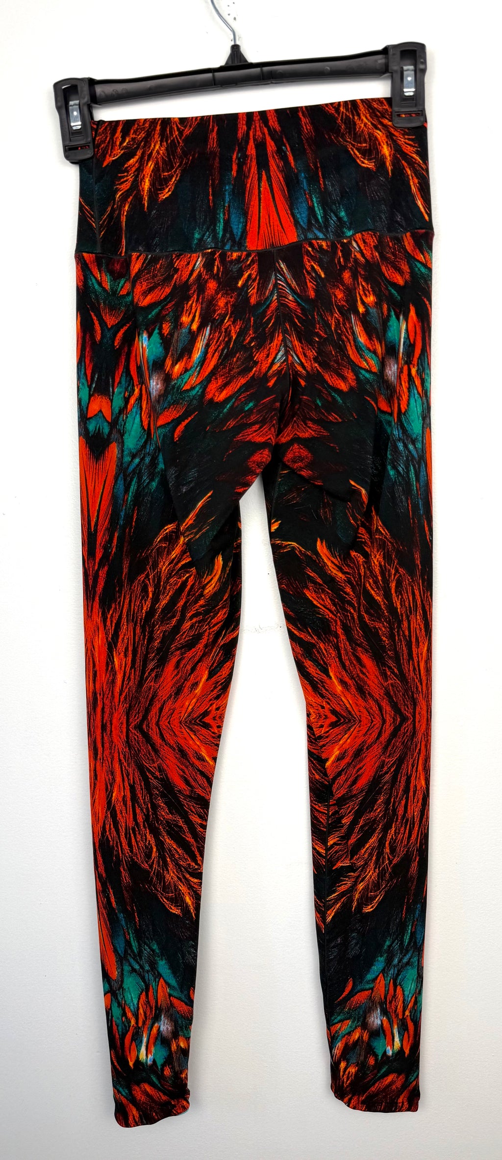 back of Eva Varro Reversible Leggings — Feather Print & Solid Turquoise | Handcrafted in USA | Size XS at Blue Sparrow Shop 