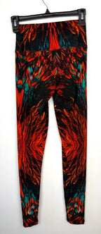 back of Eva Varro Reversible Leggings — Feather Print & Solid Turquoise | Handcrafted in USA | Size XS at Blue Sparrow Shop 