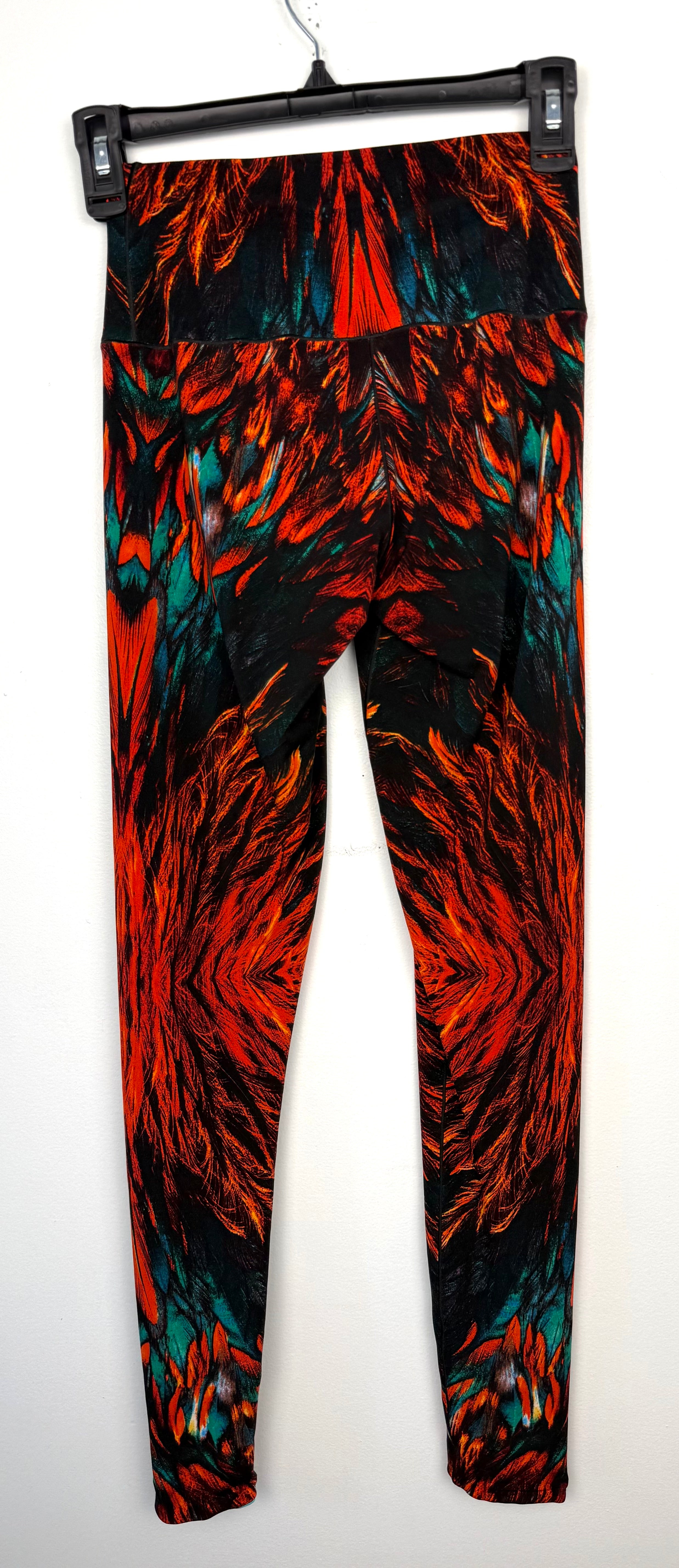back of Eva Varro Reversible Leggings — Feather Print & Solid Turquoise | Handcrafted in USA | Size XS at Blue Sparrow Shop 