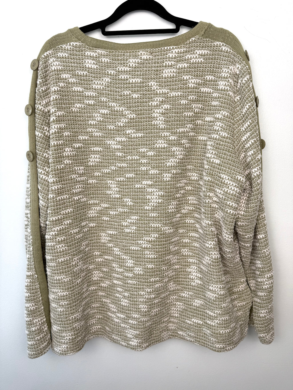 back of FDJ French Dressing Textured Button-Detail Sweater | Size XL on hanger