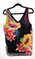 back of Frank Lyman Bold Abstract Floral Sleeveless Top, Fully Lined, Size L at Blue Sparrow Shop on hanger