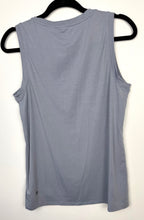back of Grey Athleta Vital Tank 2.0 sleeveless top, lightweight performance fabric, minimalist athletic layering piece on hanger