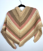 back of Handknit artisan cottagecore triangle shawl neutral sand cream blush stripe scalloped edge — new — Blue Sparrow women's accessories
