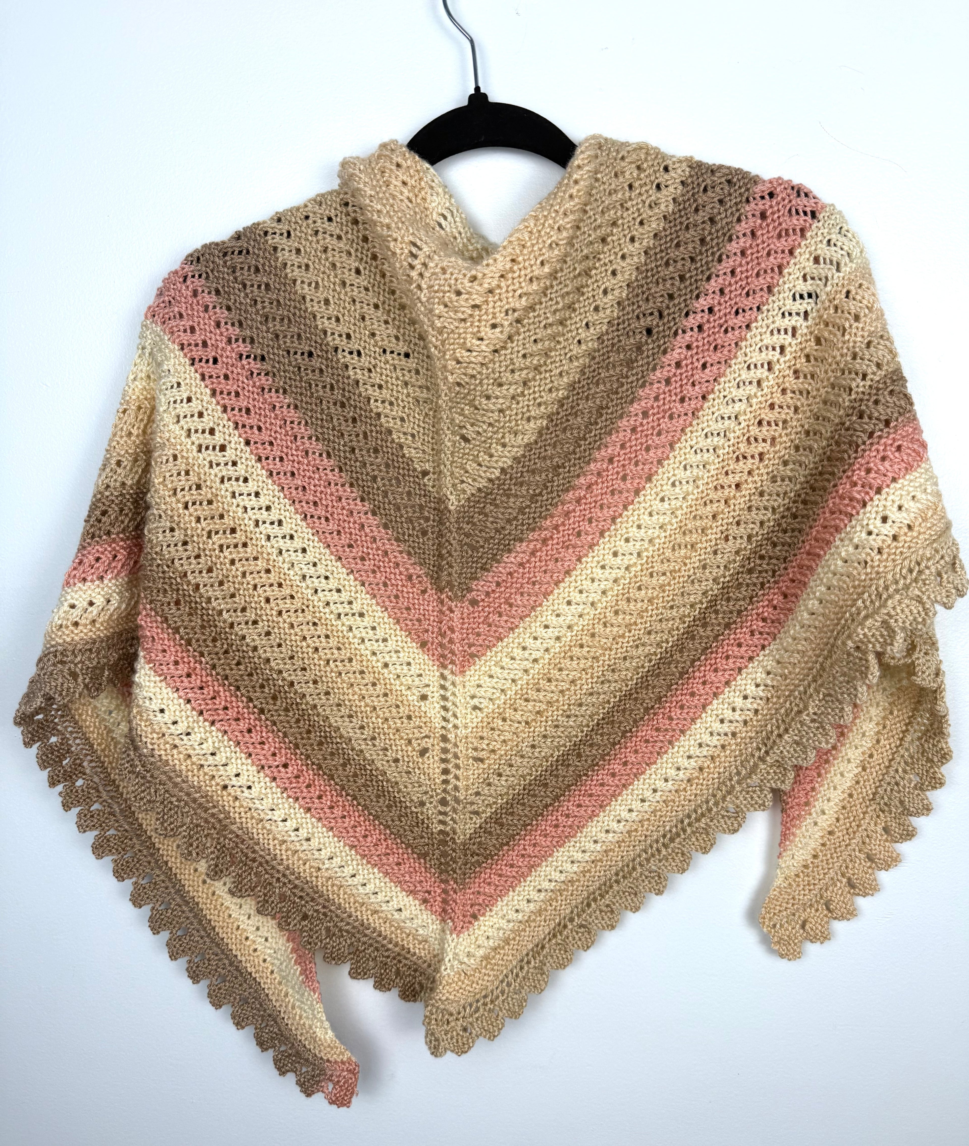 back of Handknit artisan cottagecore triangle shawl neutral sand cream blush stripe scalloped edge — new — Blue Sparrow women's accessories