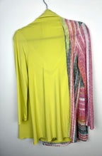 back of Handmade lime green draped cardigan with asymmetrical colourblock striped panel in pink and green tones