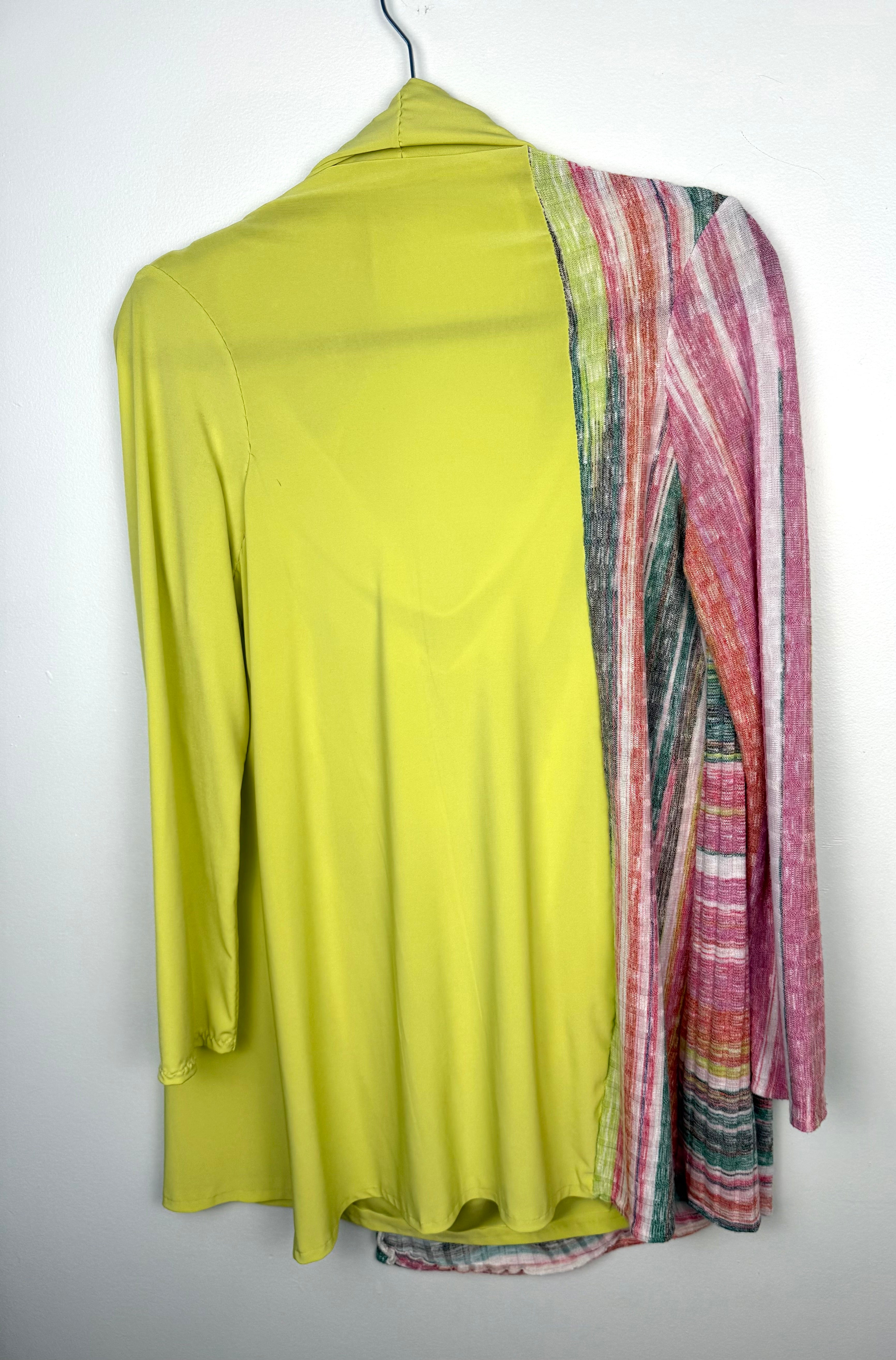 back of Handmade lime green draped cardigan with asymmetrical colourblock striped panel in pink and green tones