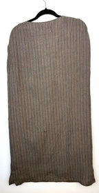 back of Harris Wilson 100% Linen Stripe Shirt Dress — Made in Portugal | Brown & White Pinstripe | Size 40 (CDN 10/12) at Blue Sparrow Shop on hanger