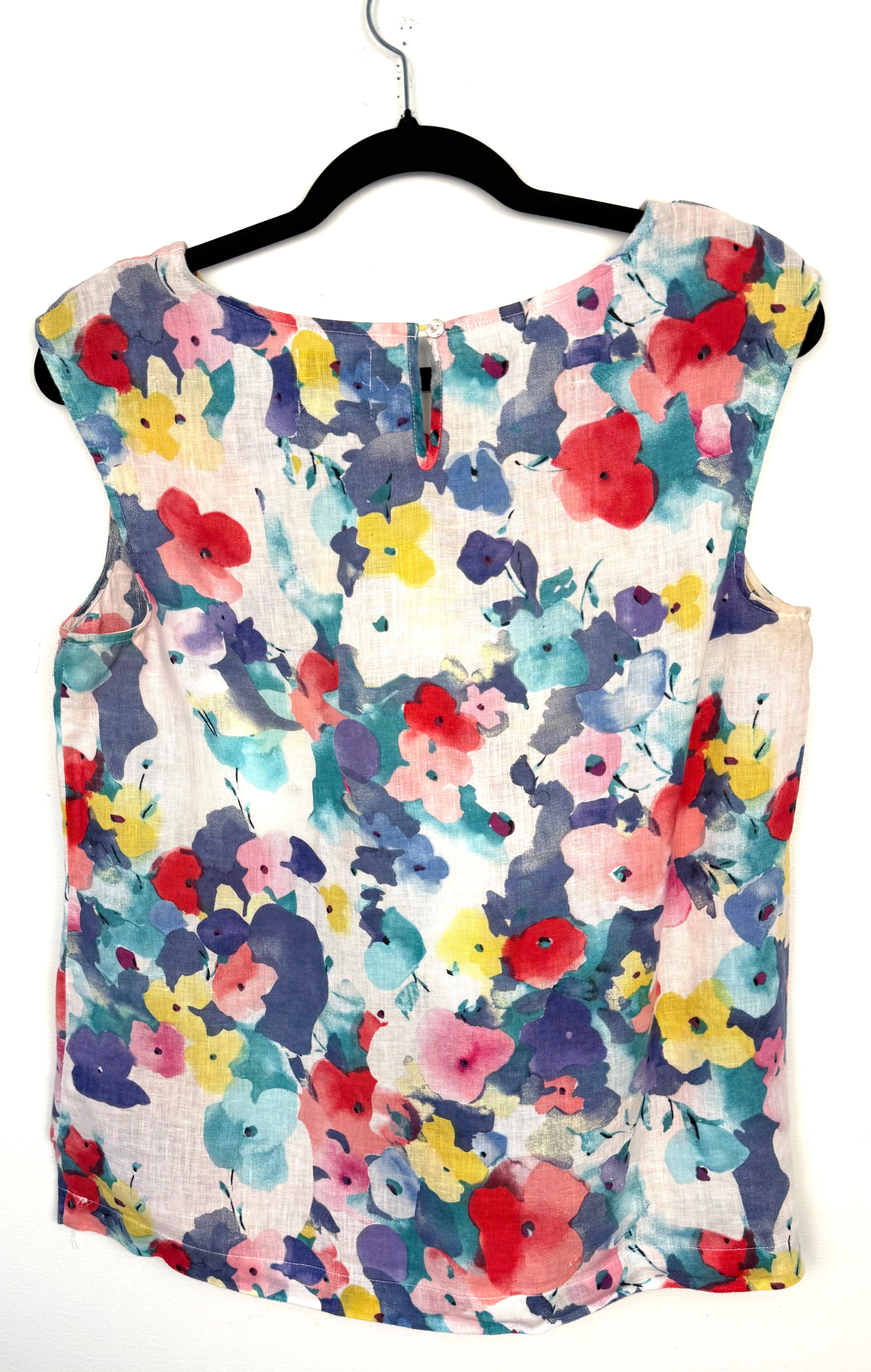 back of Heyton 100% Linen Watercolour Floral Shell Top — Pom-Pom Neckline | Size 12 at Blue Sparrow Shop 