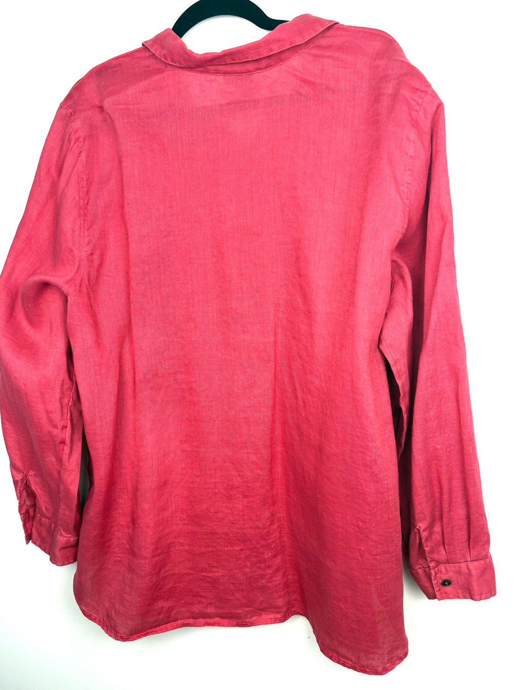 back of J.Jill 100% Linen Oversized Button-Down Shirt — Washed Rose Pink | Size XL at Blue Sparrow Shop 