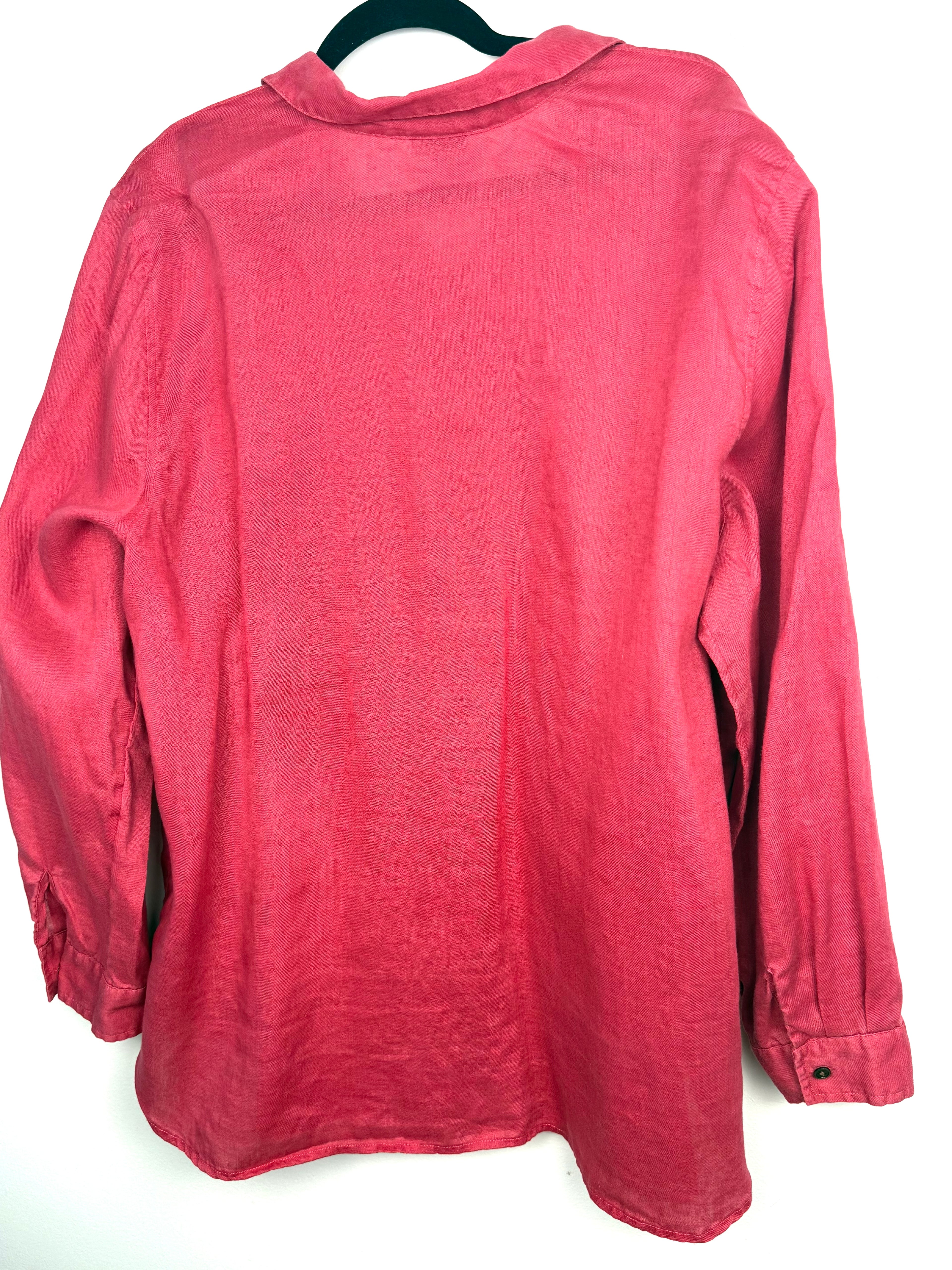 back of J.Jill 100% Linen Oversized Button-Down Shirt — Washed Rose Pink | Size XL at Blue Sparrow Shop 