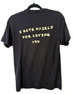 back of Joan Jett and the Blackhearts 100% Cotton Band Tee — Official Merch | Size M at Blue Sparrow Shop on hanger - I hate myself for loving you graphic 