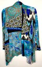 back of Judy Pannou Designs — Canadian Artisan Multi-Print Open Cardigan, Ashton ON  at Blue Sparrow Shop Canadian Resale Reimagined 