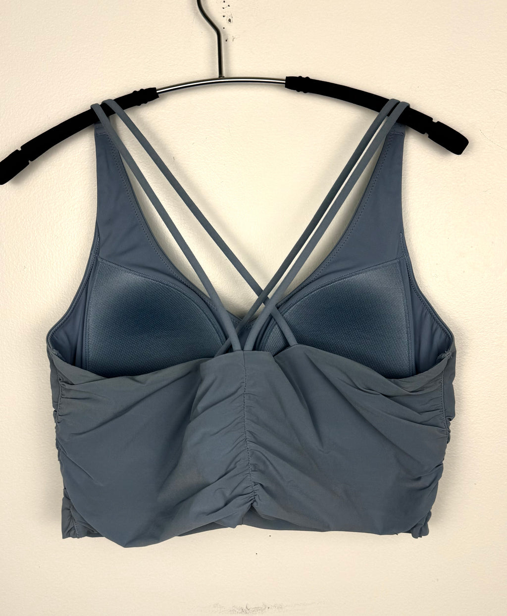 back of Knix Blue Wrap Front Sports Bra Top | Cross Back | Size L