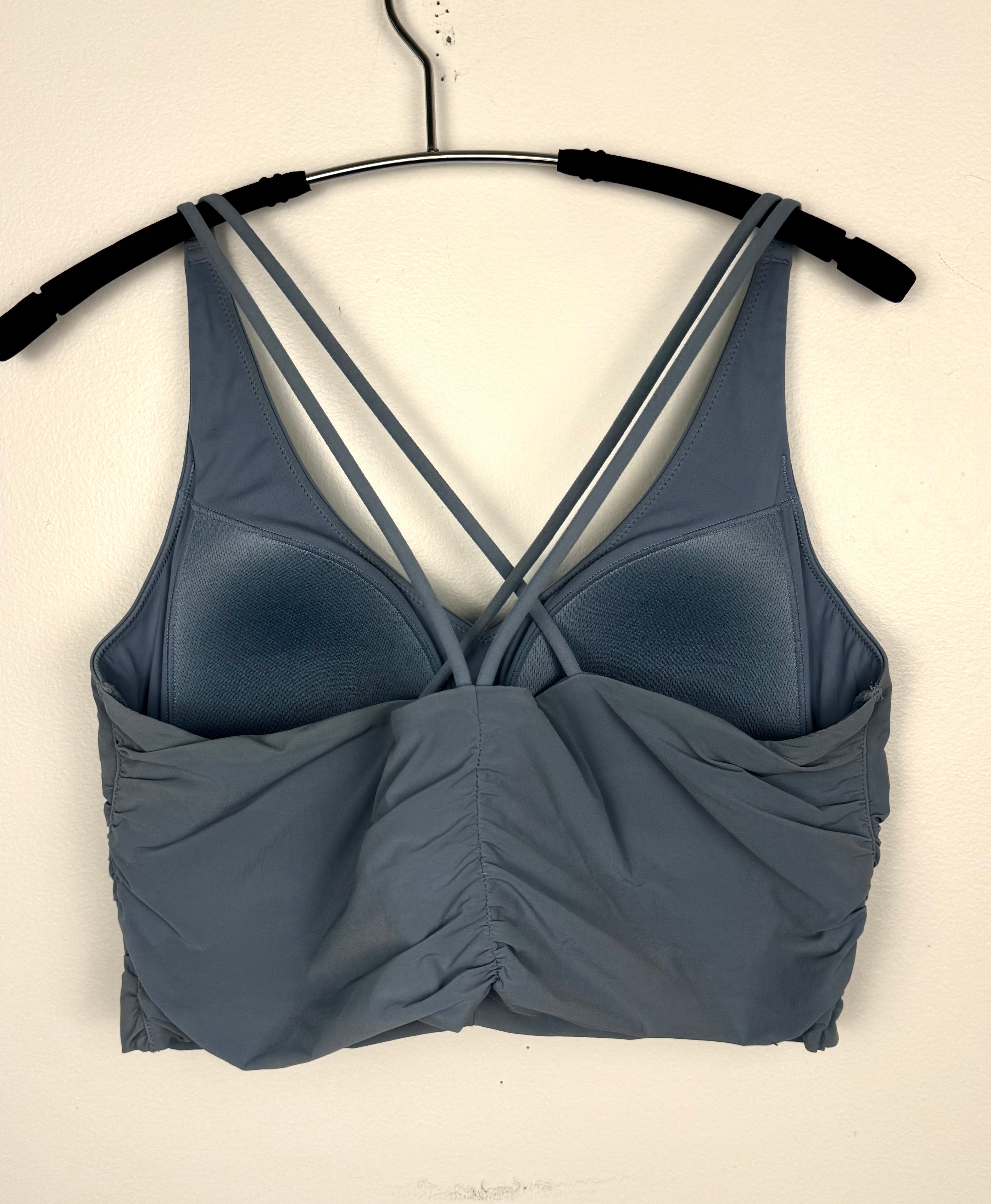 back of Knix Blue Wrap Front Sports Bra Top | Cross Back | Size L